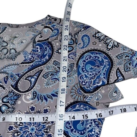 Paisley Print Womens V-Neck Scrub Top With Pockets 100% Cotton Short Sleeves Blu - Picture 8 of 8